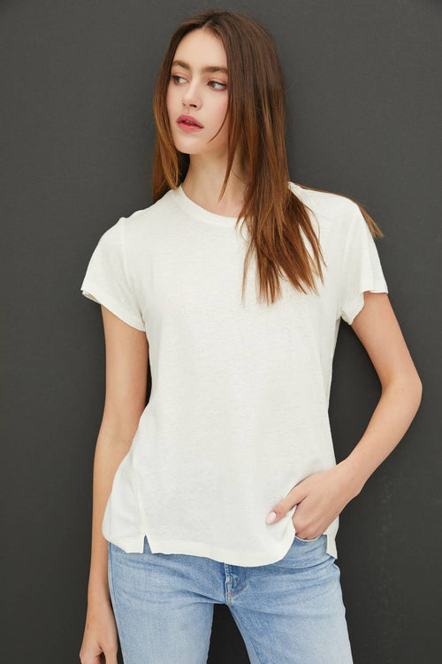 LINEN CLASSIC ROUND NECK SPLIT HEM T-SHIRT-Blue Hand Home