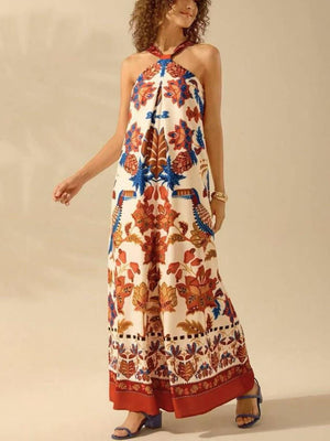 Vacation Palm Tree Tropical Prints Halter Jumpsuit-Blue Hand Home
