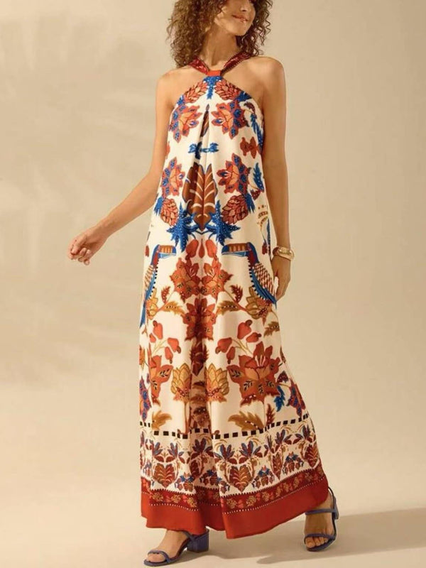 Vacation Palm Tree Tropical Prints Halter Jumpsuit-Blue Hand Home