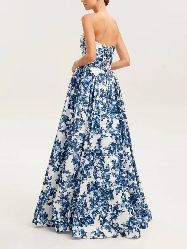 Elegant Strapless Floral Maxi Dress-Blue Hand Home