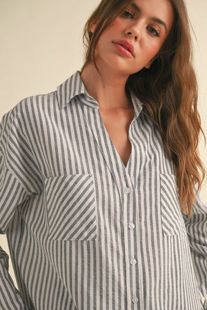 T5276 Striped Pattern Button Down Shirts-Blue Hand Home
