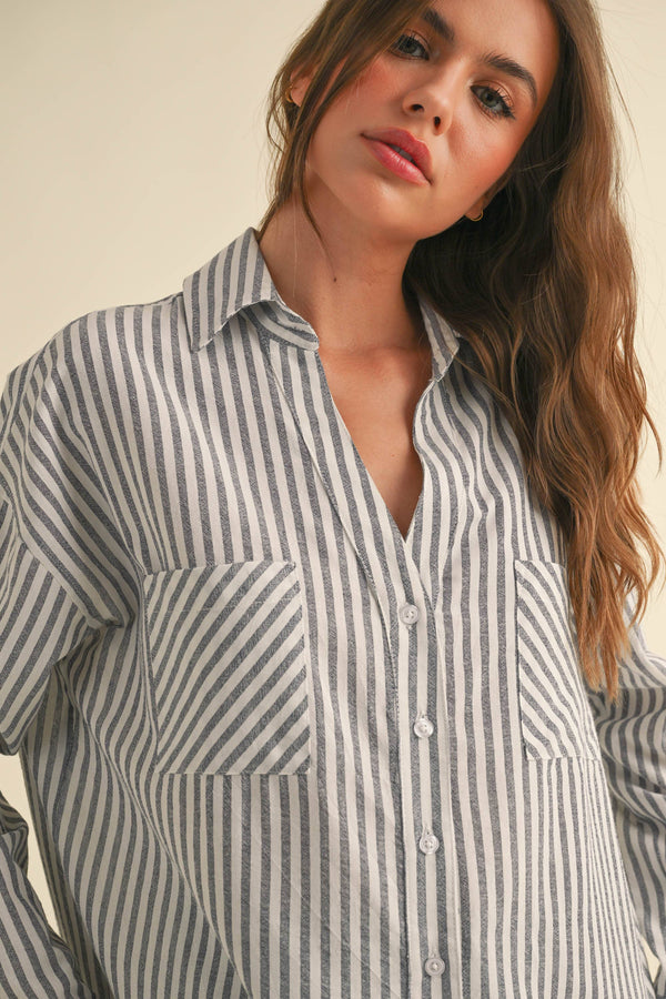 T5276 Striped Pattern Button Down Shirts-Blue Hand Home