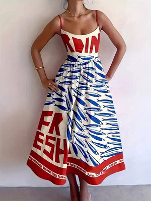 Vacation ocean fish print strap dress back elastic-Blue Hand Home