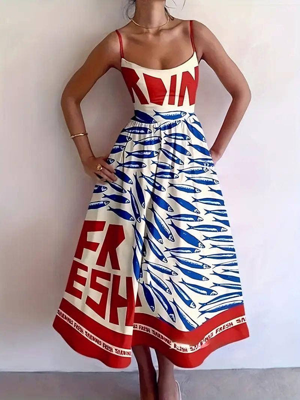 Vacation ocean fish print strap dress back elastic-Blue Hand Home