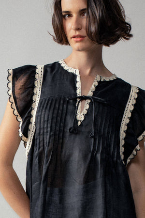 Vintage Lace Flutter Sleeve Woven Top-Blue Hand Home
