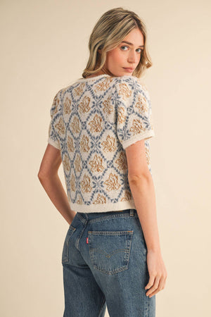 FLORAL SHORT SLEEVE SWEATER CARDIGAN MSW11258-Blue Hand Home