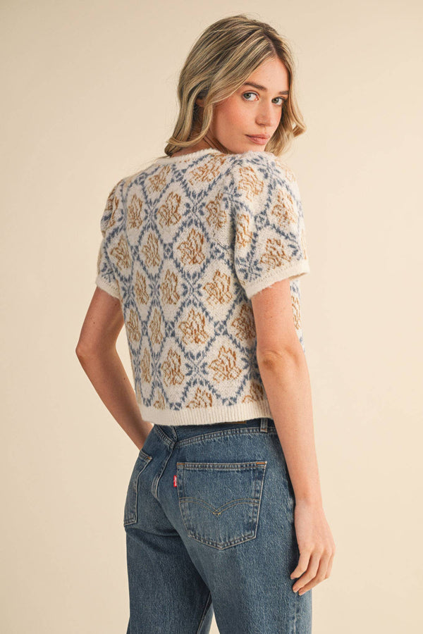 FLORAL SHORT SLEEVE SWEATER CARDIGAN MSW11258-Blue Hand Home