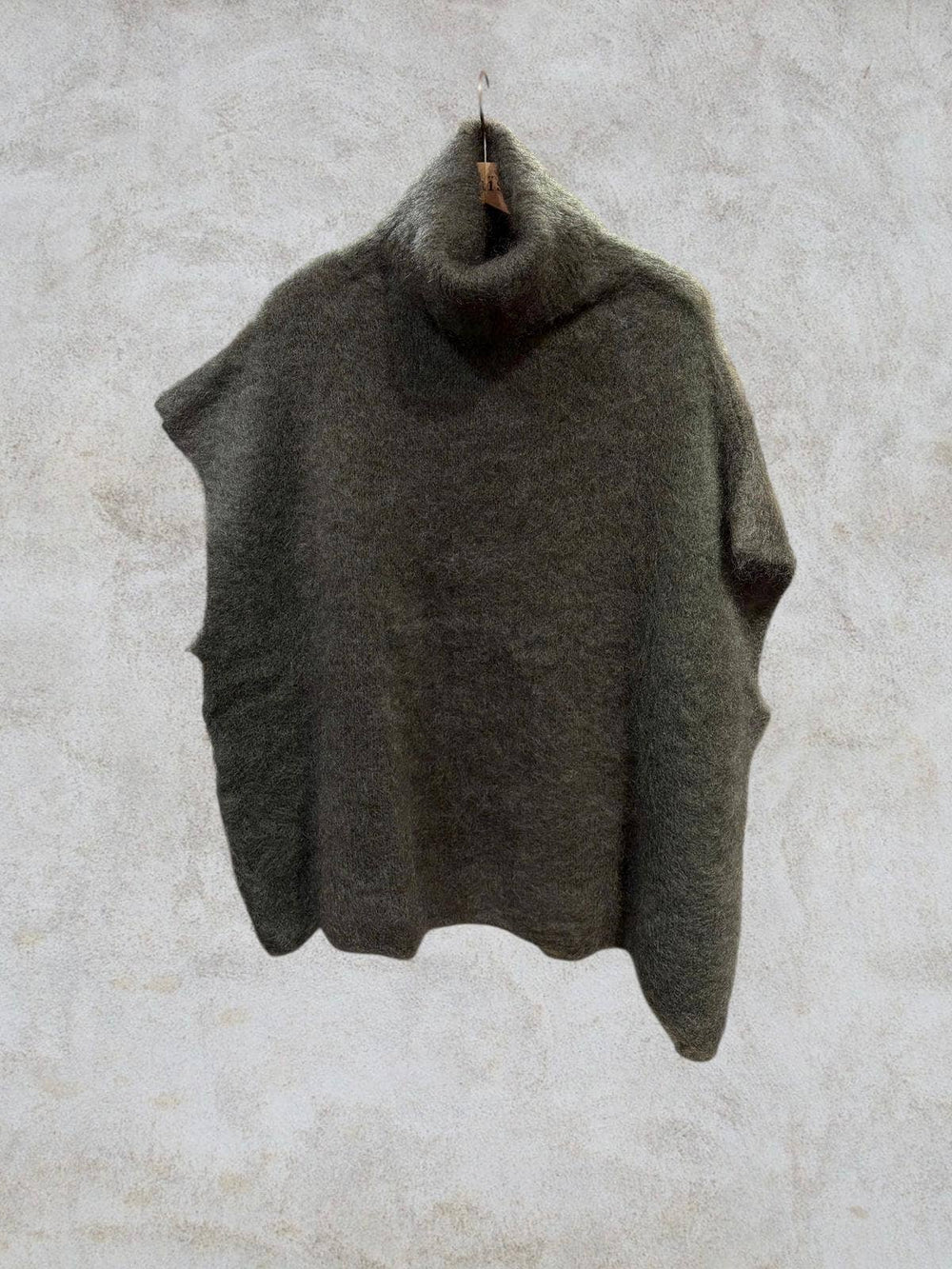 80% Kid Mohair Turtleneck Poncho Sweater: Kaki / One Size-Blue Hand Home