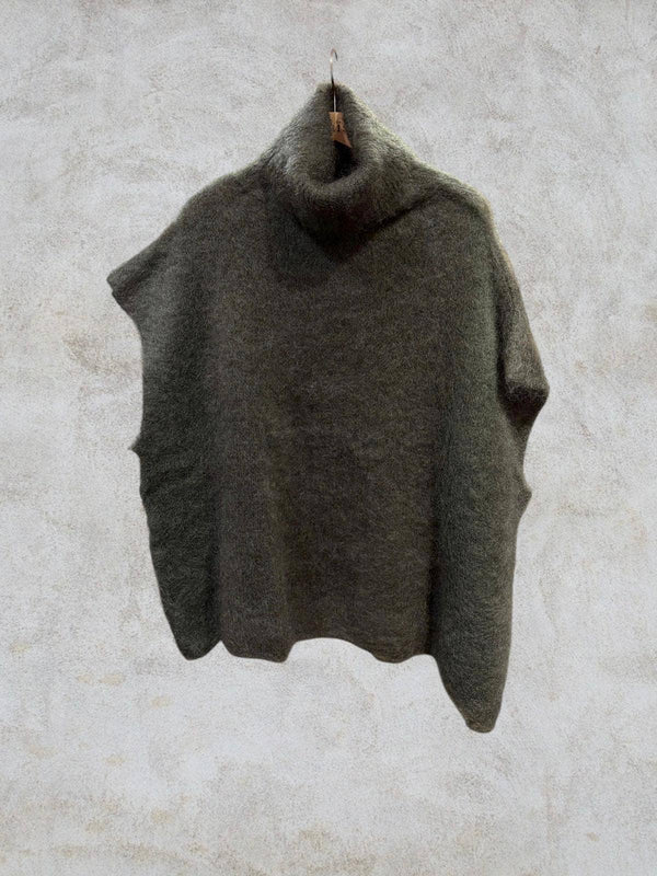 80% Kid Mohair Turtleneck Poncho Sweater: Kaki / One Size-Blue Hand Home