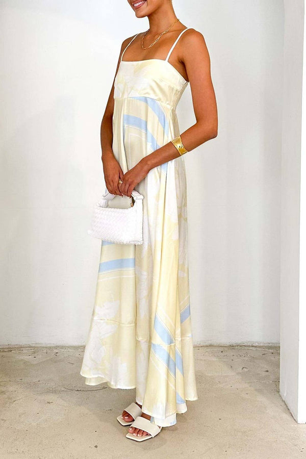 2025 Tropical botanical Floral thin strap flare swing dress-Blue Hand Home