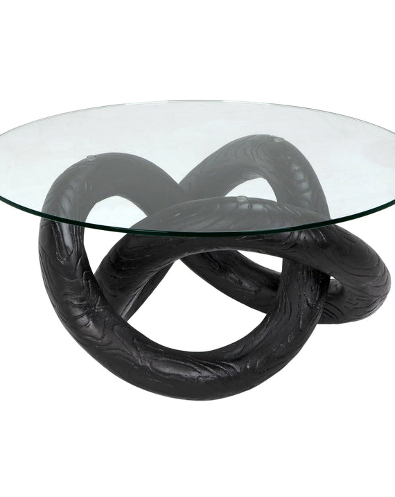 Noir Phobos Coffee Table with Glass, Black Burnt Resin