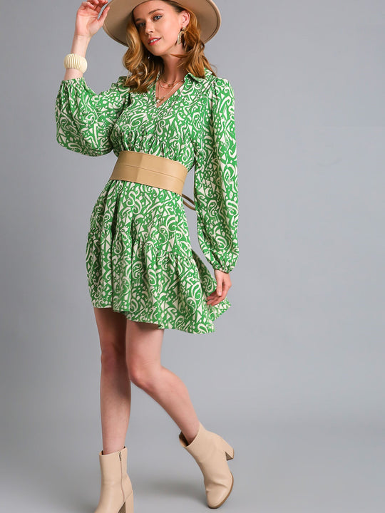 Two Tone Print Tiered Dress with Long Sleeve and Collar
