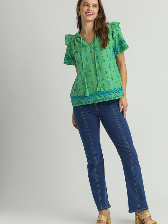 Embroidery Boxy Cut Ruffle Short Sleeve Top with Tie