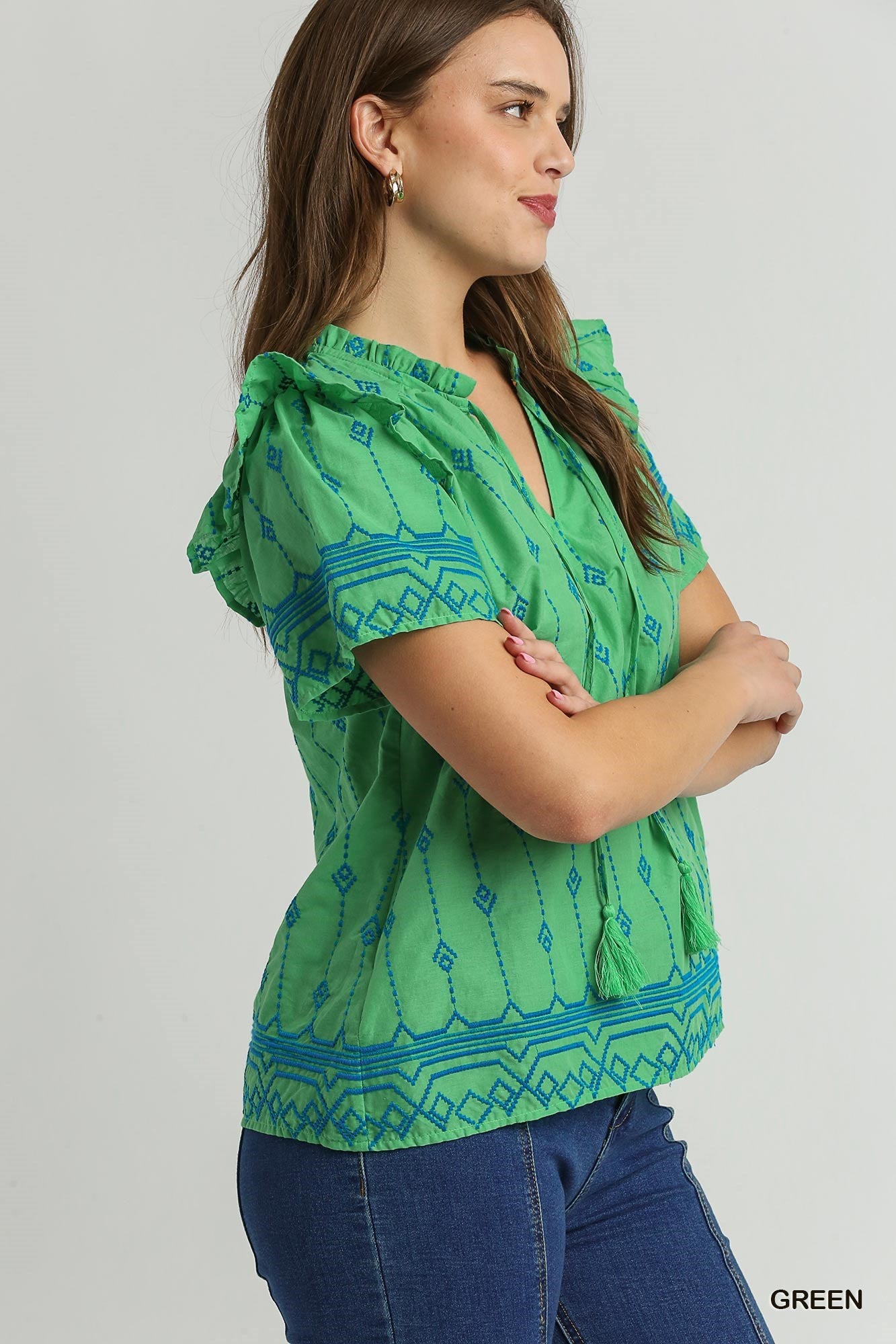 Embroidery Boxy Cut Ruffle Short Sleeve Top with Tie-Blue Hand Home