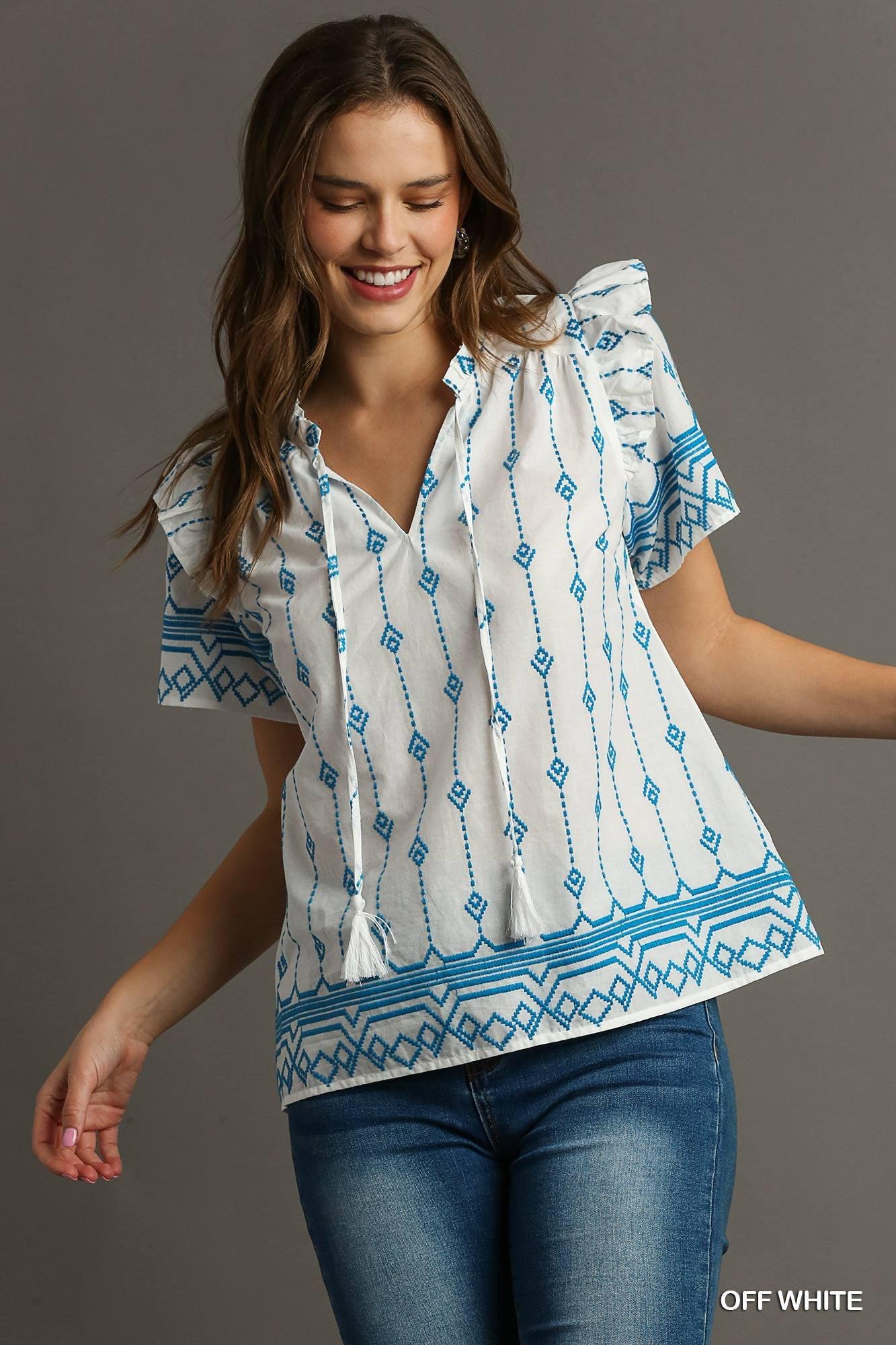 Embroidery Boxy Cut Ruffle Short Sleeve Top with Tie-Blue Hand Home