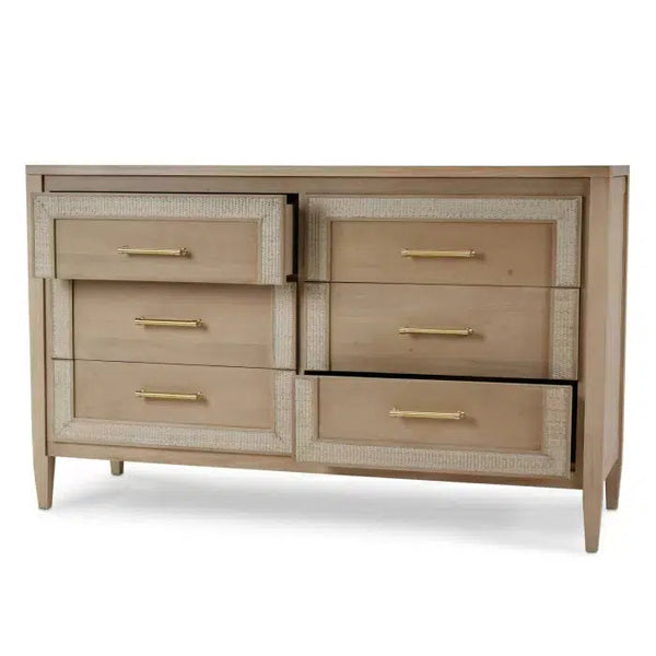 Bramble Belgravia 6 Drawer Dresser In Sandbar W/ White Inset Rattan-Bramble-Blue Hand Home