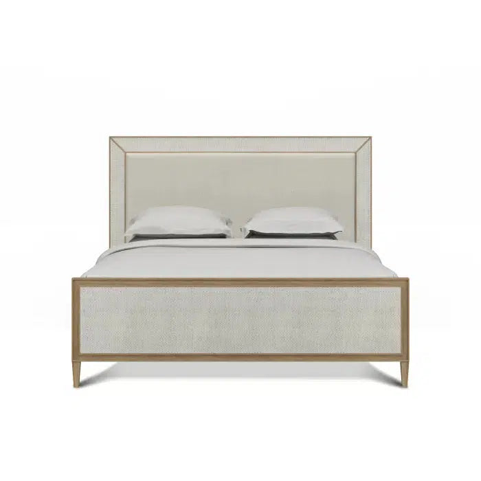 Bramble Belgravia Upholstered King Bed In Sandbar. Upholstered In Dinara Natural Performance Fabric W/ White Rattan-Bramble-Blue Hand Home