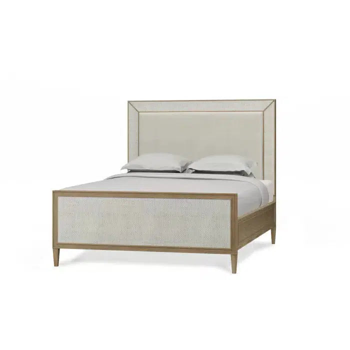 Bramble Belgravia Upholstered Queen Bed In Sandbar. Upholstered In Dinara Natural Performance Fabric W/ White Rattan.-Bramble-Blue Hand Home
