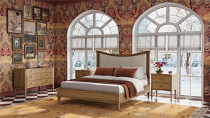Bramble Bow King Bed Upholstery in Antique French Oak w/ Thames Natural Performance Fabric-Bramble-Blue Hand Home
