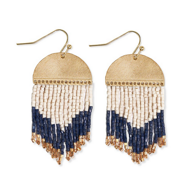 Claudia Curved Pattern Short Beaded Fringe Earrings Navy-Blue Hand Home