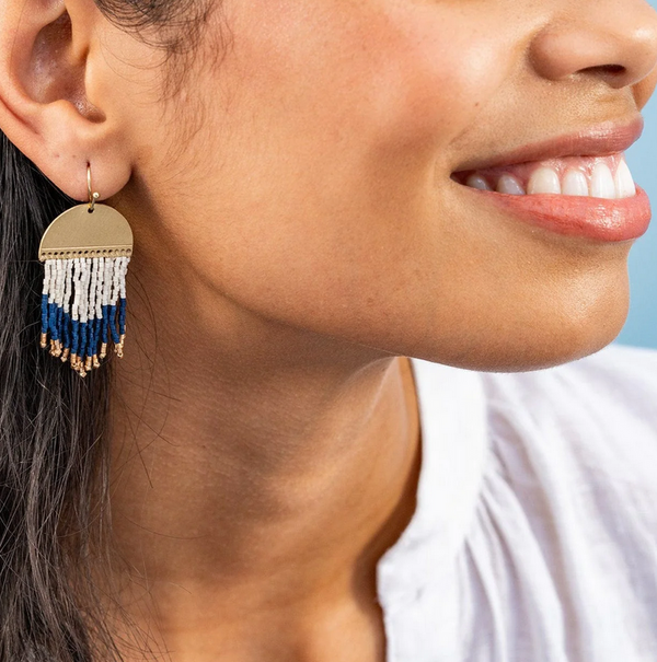 Claudia Curved Pattern Short Beaded Fringe Earrings Navy-Blue Hand Home