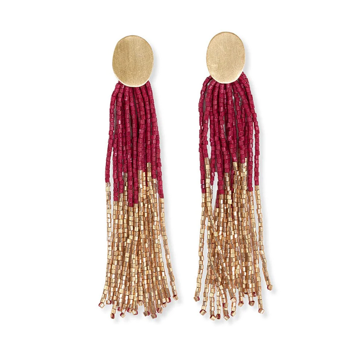 Mae Oval Brass Post 2-Color Beaded Tassel Earrings Red-Blue Hand Home