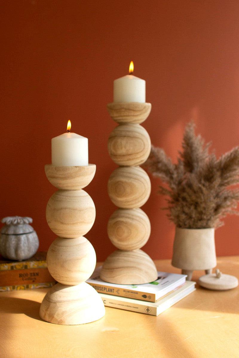 Set of 2 Hand-Carved Wooden Stacked Ball Candle Holders-Blue Hand Home
