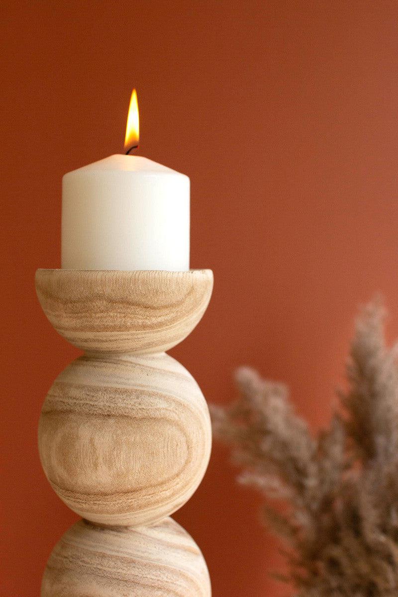 Set of 2 Hand-Carved Wooden Stacked Ball Candle Holders-Blue Hand Home