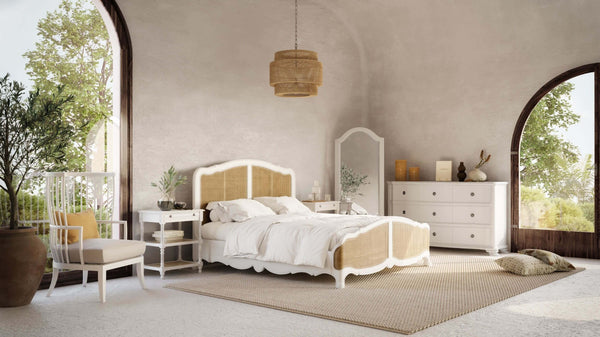Bramble Covington Bed King In Architectural White W/ Rattan Natural-Bramble-Blue Hand Home