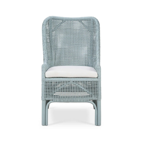 Cristo Dining Chair In Frosted Blue Rattan w/ Arctic White Performance Fabric Cushion-Blue Hand Home