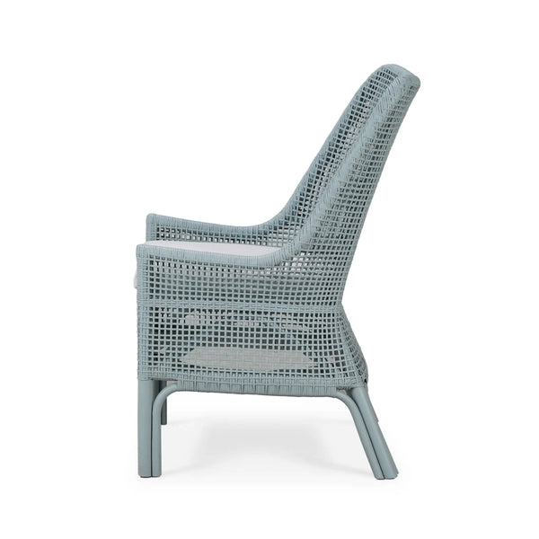 Cristo Dining Chair In Frosted Blue Rattan w/ Arctic White Performance Fabric Cushion-Blue Hand Home