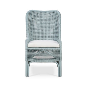 Cristo Dining Chair In Frosted Blue Rattan w/ Arctic White Performance Fabric Cushion-Blue Hand Home