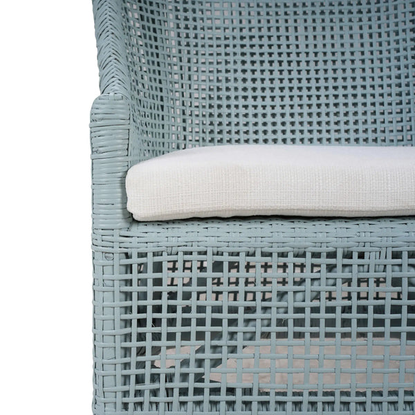 Cristo Dining Chair In Frosted Blue Rattan w/ Arctic White Performance Fabric Cushion-Blue Hand Home