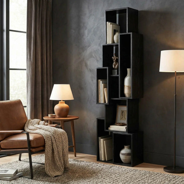 Lincoln Tower Sculptural Charcoal Black Mindi Wood Shelving Unit-Noir Furniture-Blue Hand Home