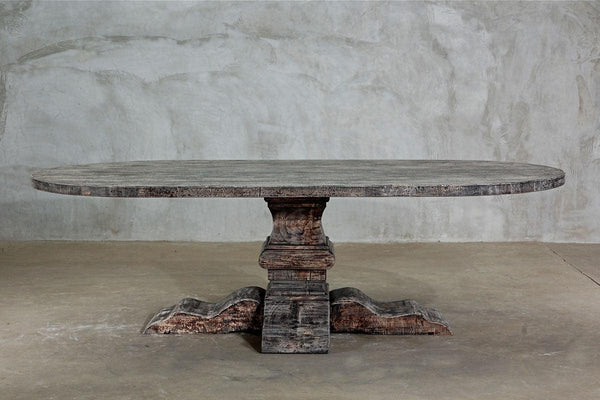 Reclaimed Elm Elliptical Oval Dining Table - Pedestal Leg-Blue Hand Home