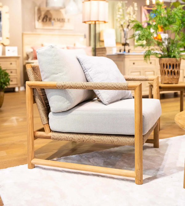 Bramble Jackson Single Seater W/ Seat & Back Cushions - Outdoor Teak-Bramble-Blue Hand Home