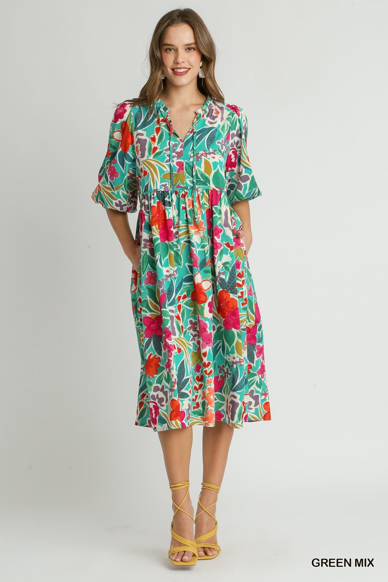 Floral Print V- Notch Peasant Dress with 3/4 Puff Sleeve-Blue Hand Home