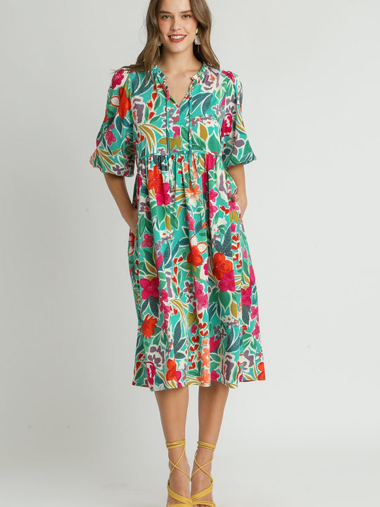 Floral Print V- Notch Peasant Dress with 3/4 Puff Sleeve