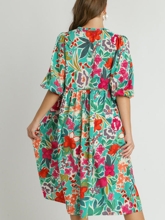Floral Print V- Notch Peasant Dress with 3/4 Puff Sleeve