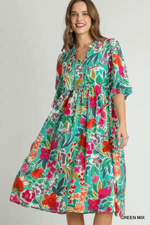 Floral Print V- Notch Peasant Dress with 3/4 Puff Sleeve-Blue Hand Home