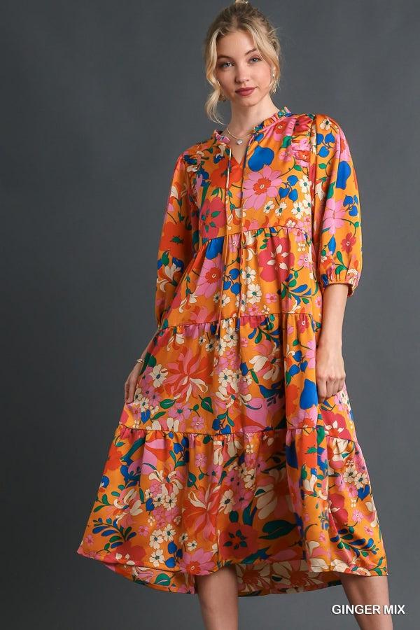 Satin Floral BabyDoll Tiered Dress with Shirring on Shoulders