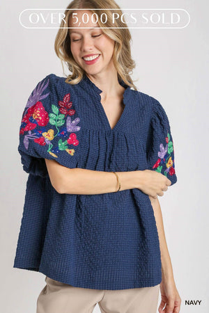 Checkered Seersucker Bubble Sleeve Embroidery Top-Blue Hand Home