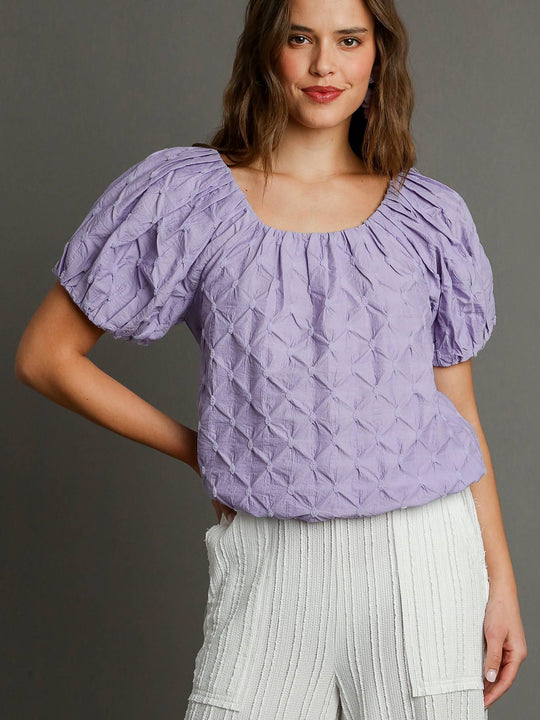 Textured Fabric Round Neck Bubble Sleeve Shirred Top