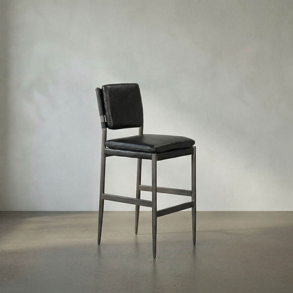 Wooster Bar Chair, Ebony Black Leather-Noir Furniture-Blue Hand Home