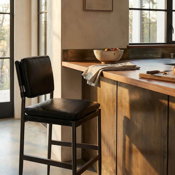 Wooster Bar Chair, Ebony Black Leather-Noir Furniture-Blue Hand Home