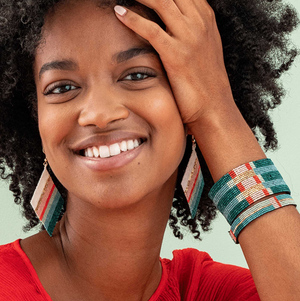 Frida Mixed Stripe Beaded Earrings Teal + Poppy-Blue Hand Home
