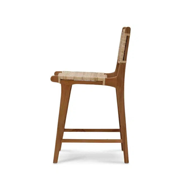 Bramble Logan Counter Stool W/ Rattan In Teak Natural Finish W/ Rattan Natural Seat & Back-Bramble-Blue Hand Home