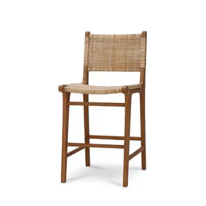 Bramble Logan Counter Stool W/ Rattan In Teak Natural Finish W/ Rattan Natural Seat & Back-Bramble-Blue Hand Home