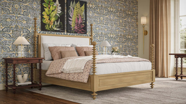 Bramble Milano Upholstered King Bed In Fruitwood W/ Arctic White Performance Fabric-Bramble-Blue Hand Home