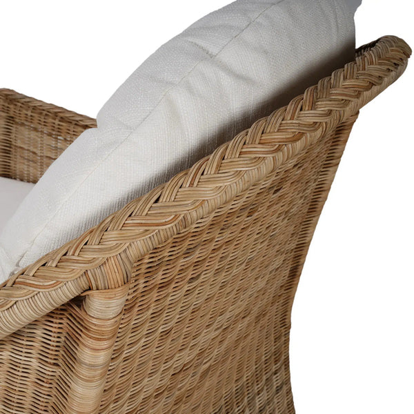 Bramble Nantucket Swivel Chair in Rattan Natural w/ Arctic White Performance Fabric-Bramble-Blue Hand Home